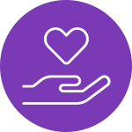 A purple circle with a hand holding a heart.